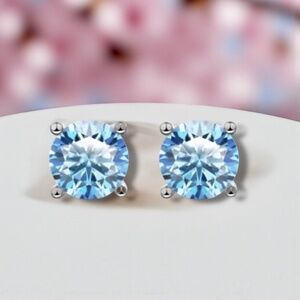 Light Blue Moissanite Stud Earrings in Sterling Silver , 2 Carats, VVS